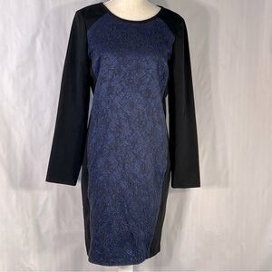 Tribal Dress Sheath Black W/Blue Appliqué Solid Black Sides Long Sleeves 12👍